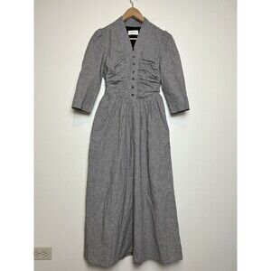 Leonora Yang Gingham Black White Linen Midi Dress Button Front Women’s Small